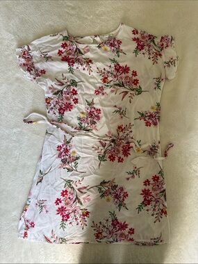 White Floral Wrap Dress with Pink and Green Accents